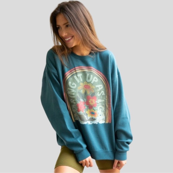 Natural Life Teal Making It Up As I go Sweatshirt Small Floral Graphic Oversized - Picture 3 of 12